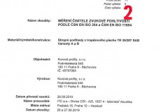 Titulní strana protokolu o zkoušce akustických podhledů ROOF ACOUSTIC CEILING s nízkými perforovanými TR plechy Kovové profi ly s akustickou izolací ISOVER určené především pro rekonstrukce halových staveb, jako jsou především sportovní a výrobní haly