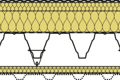 Typická skladba střešního pláště s akustickým podhledem ROOF ACOUSTIC CEILING pro rekonstrukce halových staveb: stávající střešní konstrukce (hydroizolace, tepelná izolace, parozábrana, nosná konstrukce – TR plech, příhradovina, nebo předpjatý panel), závěs + pomocný profil, akustická izolace ISOVER Akustic SSP2, nebo ISOVER Fassil NT, perforovaný podhledový TR plech