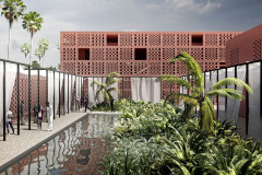 Kolonáda se nachází v centru dění, tvoří ji lehká kovová konstrukce s jemnými závěsy