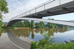 Lávka řeku překlenuje jedním polem bez mezilehlých podpěr, koncepce průniku oblouku a mostovky je navíc silným tématem zaručujícím čitelnost koncepce i její estetické vnímání