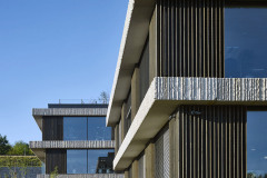 Hrubé betonové římsy s ručně otloukaným povrchem se stopami po nástrojích obtiskují ve své materialitě význam nosných stropních desek