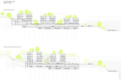 Východní pohled a příčný řez středními pavilony a hlavní dvoranou