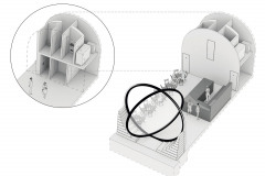 Prostorové řešení interiérů kobek a jejich otevření k nábřeží. V provozní pozici jsou okna zafixována v poloze 60°