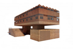 Obálku budovy tvoří cihly a panely z cortenu