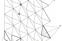 Schéma perforované fasády 1 Rovný okraj fasády 2 Tři druhy atypických kazet po obvodu fasády, které tvoří rovnou linii 3 Kazeta – rovnoramenný trojúhelník se sklopeným lemem. Čtyři kazety tvoří tvar pyramidy. 4 Ocelové výztuhy kazety