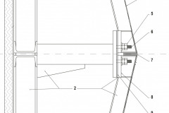 Řez fasádou 1 Hlukově pohltivá vrstva 2 Ocelová podkonstrukce 3 Výztužný plechový profil 4 Hliníkový plech tl. 2 mm 5 Kazeta je zajištěná matkou a kontramatkou 6 Uchycení kazety na závitový čep 7 Mezi kazetami je spára 4 mm 8 Ocelová výztuha v rohu kazety 9 Antivibrační pryžová podložka