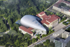 Futrál na housle, jak se stavbě přezdívá, nabídne srovnání dvou epoch: novostavby a sorely padesátých let, jakkoli se ji Jaroslav Fragner snažil změkčit odkazy na antiku