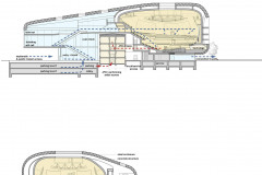Řezy novostavby s koncertním sálem: modré linky označují pohyb návštěvníků, červené pohyb účinkujících