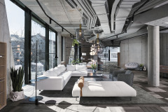 Interiéry showroomu se otevírají do ulice a do dvora